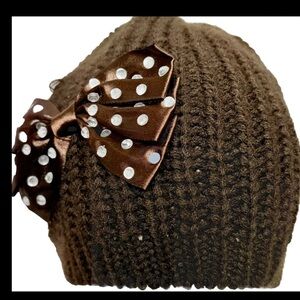 Jamont Women’s Dark Brown Beanie Knit Winter Hat w/Bow tie w/Rhinestones One Sze